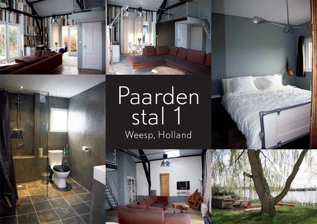 un collage de fotos de un dormitorio y una habitación en Paardenstal, Private House with wifi and free parking for 1 car, en Weesp