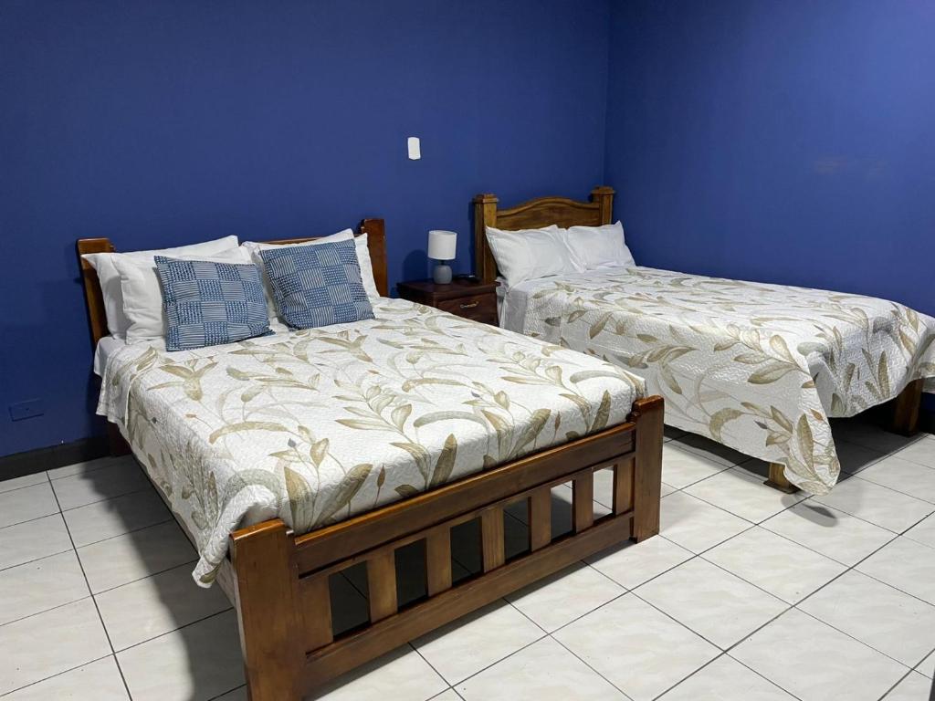 two beds in a room with blue walls at la casona rio in Alajuela