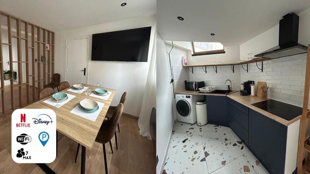 une petite cuisine et une salle à manger avec une table et une cuisine gmaxwell gmaxwell gmaxwell dans l'établissement Charmant Appartement à Nancy, à Nancy