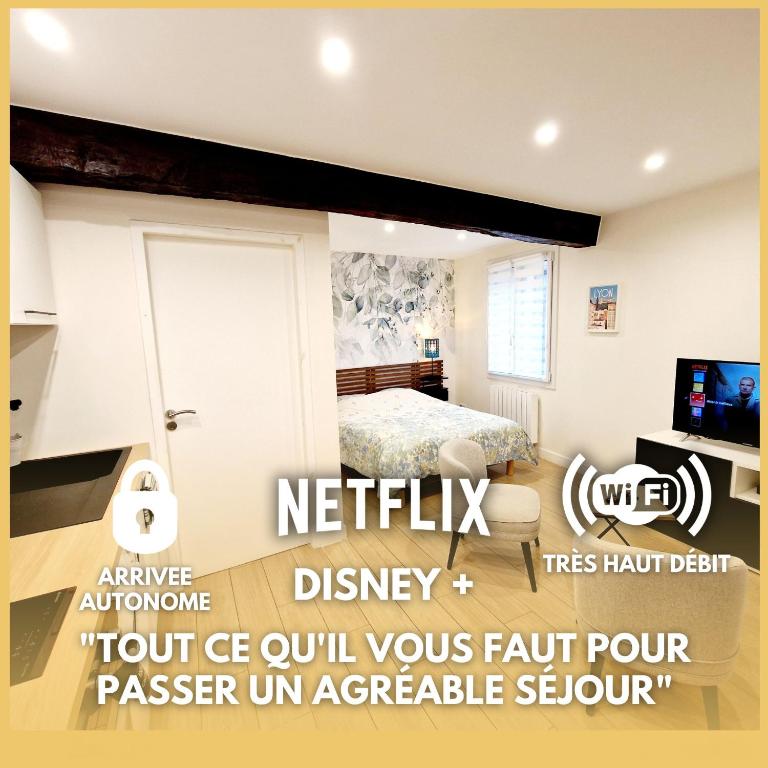 une chambre avec un lit et une télévision dans une pièce dans l'établissement Studio entièrement équipé, à Cailloux-sur-Fontaines