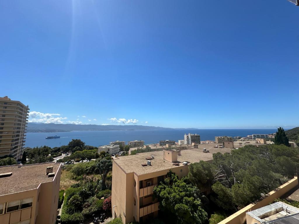 - une vue sur l'eau depuis un bâtiment dans l'établissement Appartement de standing, vue mer, 3 chambres, à Ajaccio