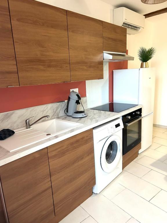 une cuisine avec un évier et une machine à laver dans l'établissement Terracotta Nougat, à Montélimar