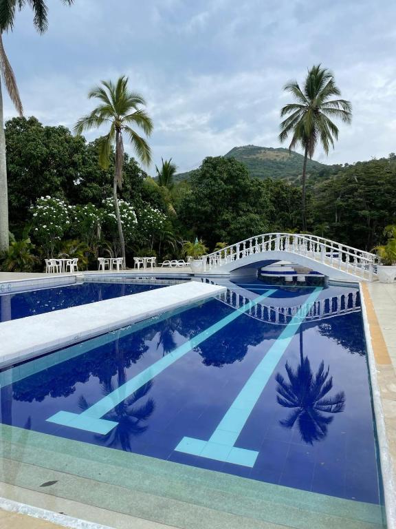 a swimming pool with a bridge and palm trees at Dorado hotel boutique in Tocaima