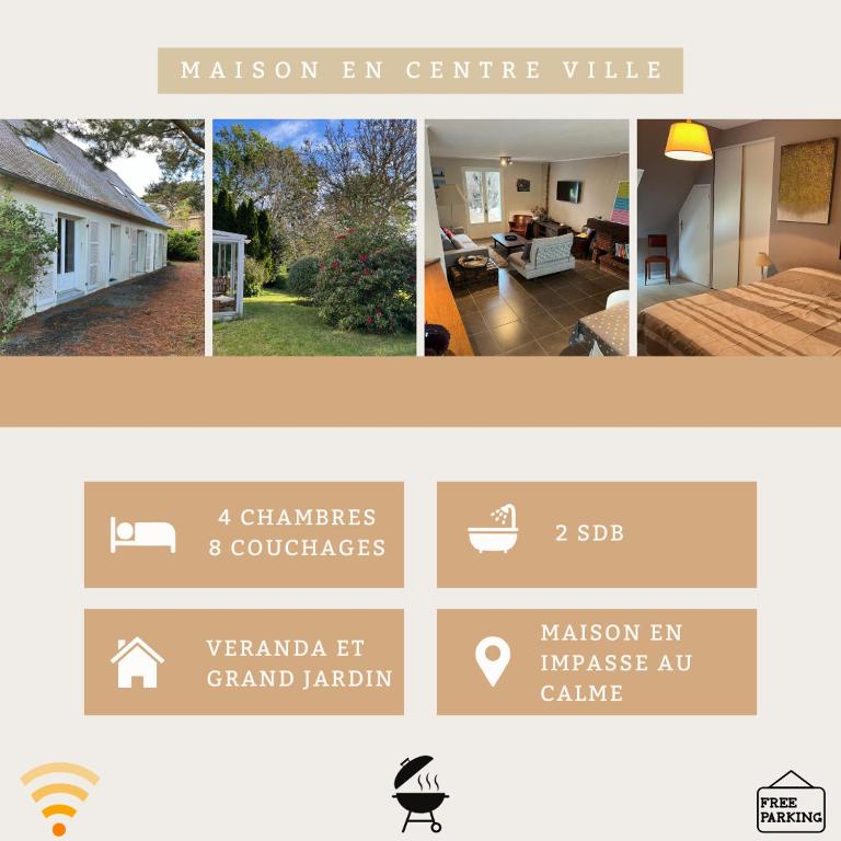 un collage de photos d'une maison et d'une chambre dans l'établissement Charmante maison de centre ville 8pers, à Perros-Guirec