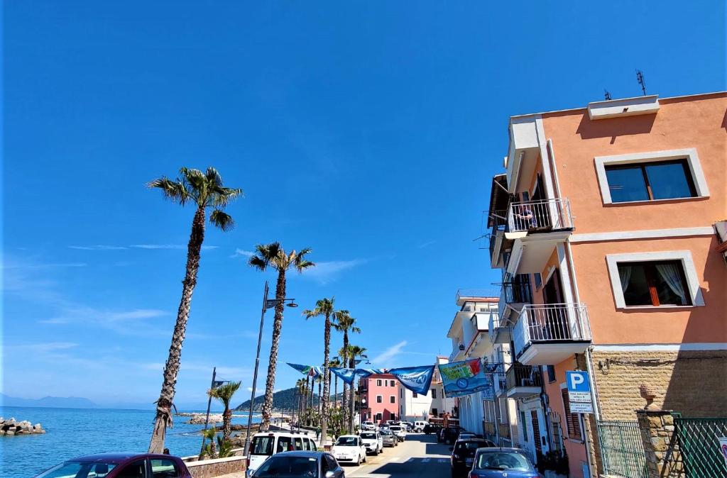 eine Stadtstraße mit Palmen und einem Gebäude in der Unterkunft Appartamento sul lungomare di Castellabate per 4 persone in Santa Maria di Castellabate