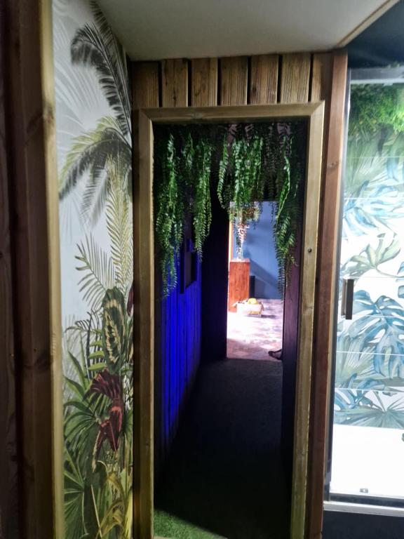 une porte menant à une chambre avec une porte bleue dans l'établissement L intense, à Calais