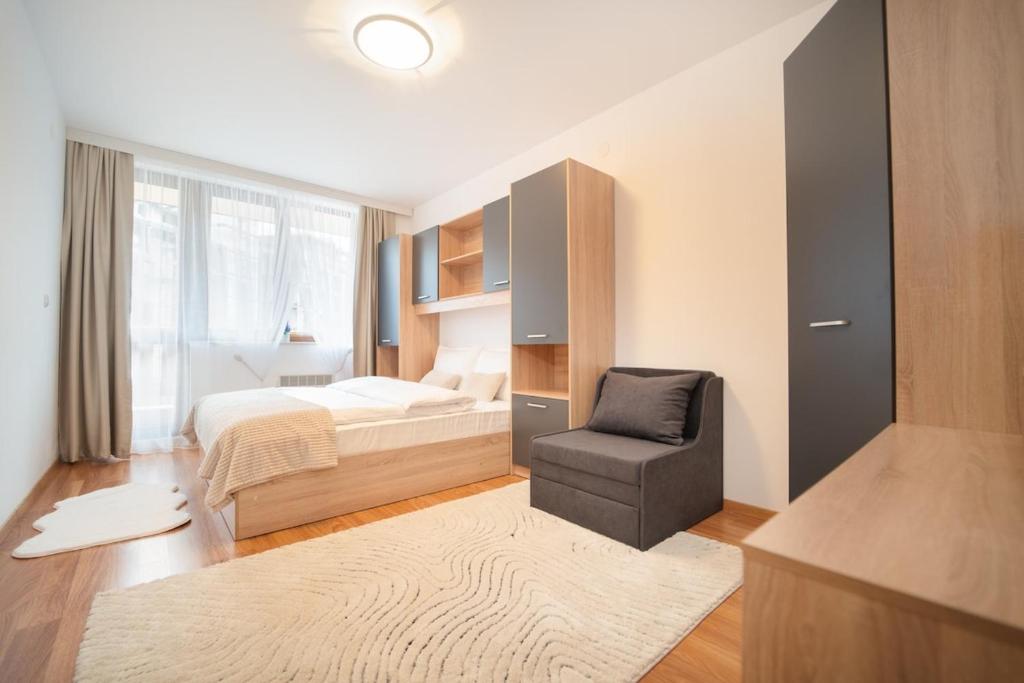 a bedroom with a bed and a chair in it at Pirin Sense Gorgeous Ap SPA - FREE Parking in Bansko