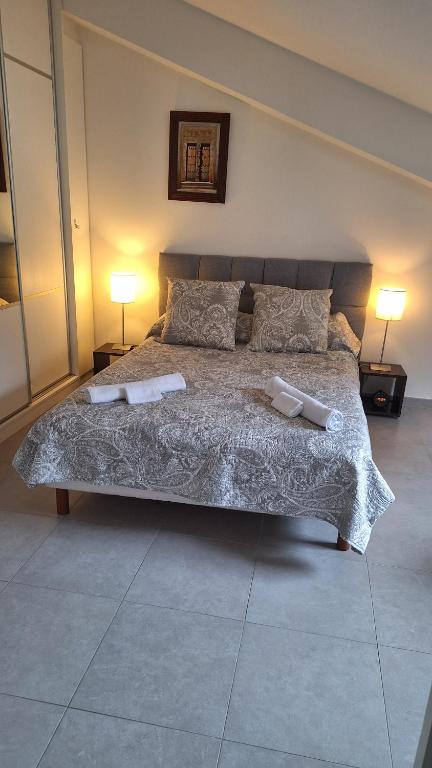 une chambre avec un grand lit avec deux serviettes dessus dans l'établissement Beau 2 pièces rue d'Antibes, à Cannes