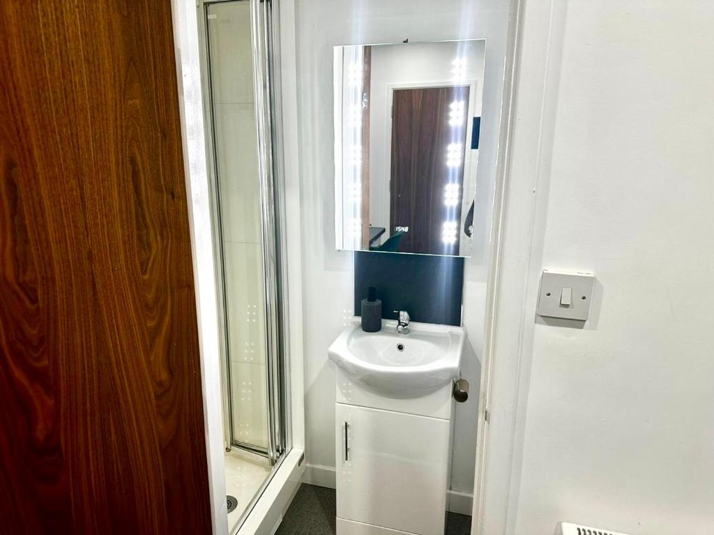 un baño con lavabo y espejo en Leicester Haven near Train Station, en Leicester