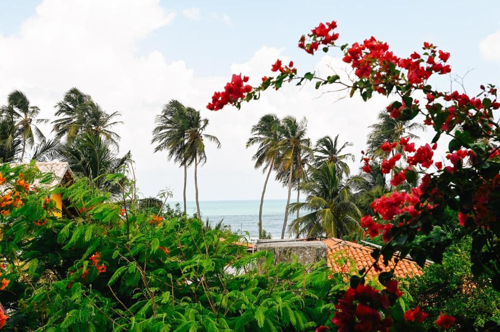 a view of the ocean and palm trees and flowers at Casa Bem Te Vi in Amontada