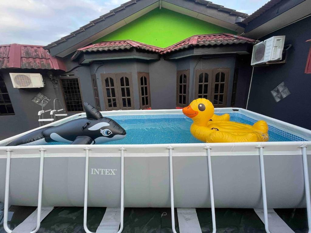 une piscine avec un canard en caoutchouc et une baleine en caoutchouc dans l'établissement Al-Waris Beseri Poolstay Spacious 6 Bedrooms, à Alor Tampang