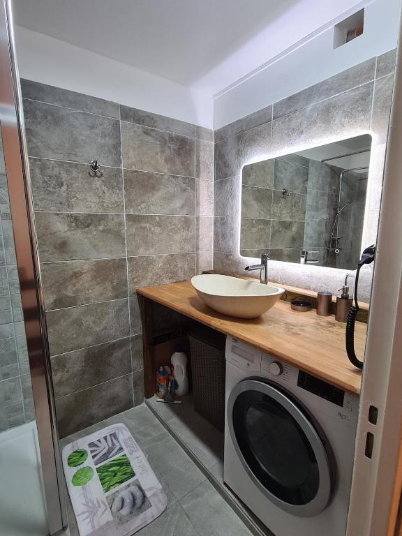 un bagno con lavandino e lavatrice di Villa Kasanaco avec vue sur la mer a Case-Pilote