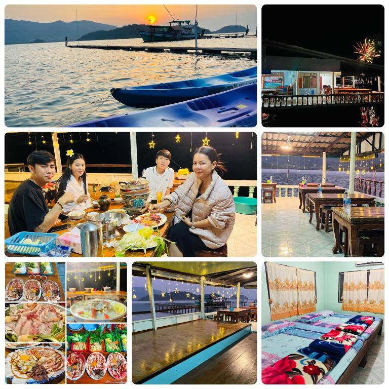 a collage of photos with people eating food and the ocean at Happy Fuji Homestay in Ko Phrao Nai