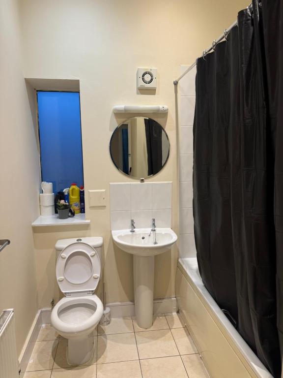 un bagno con un water, un lavandino e uno specchio di 2 Bed Apartment city centre a Wolverhampton