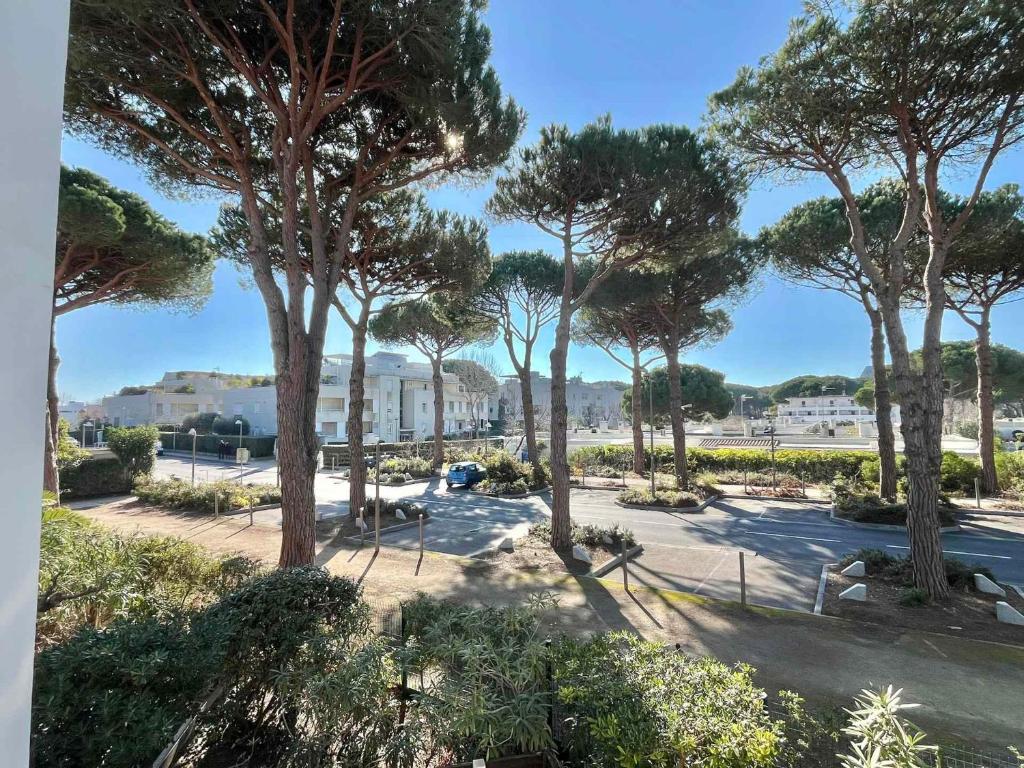 un groupe d'arbres dans un parc dans l'établissement Studio confortable pour 4 pers avec parking à 10 min de la plage - FR-1-716-77, à La Grande Motte