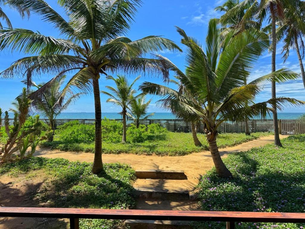 a bench in a park with palm trees and the ocean at Villa Margot by Ceylon Spaces in Pamunugama