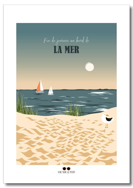 une affiche de plage avec un oiseau sur le sable dans l'établissement LA MER, à La Grande Motte