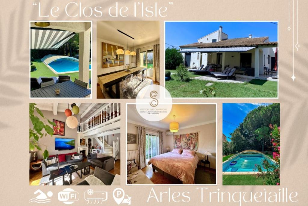 un collage de photos d'une maison avec piscine dans l'établissement Le Clos de l'Isle Arles, à Arles