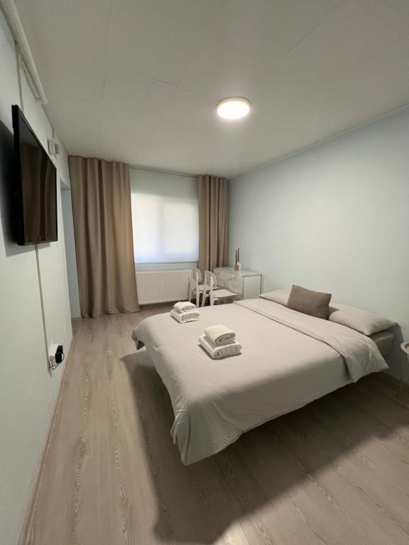 a bedroom with a large white bed and a television at Apart Canada Center in Baia Mare