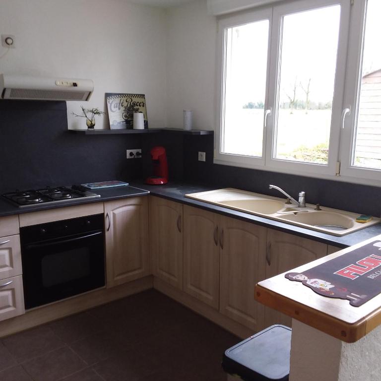 une cuisine avec un évier et une cuisinière dans l'établissement Maison de campagne, à Saint-Martin-des-Noyers