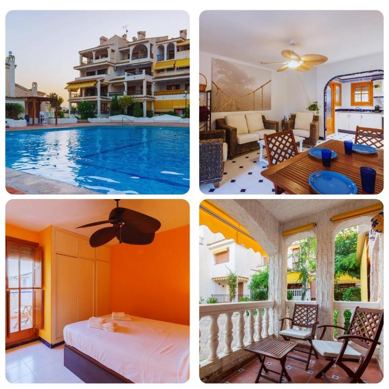 a collage of four pictures of a house and a pool at Varadero - Bungallow a pie de la playa in Santa Pola