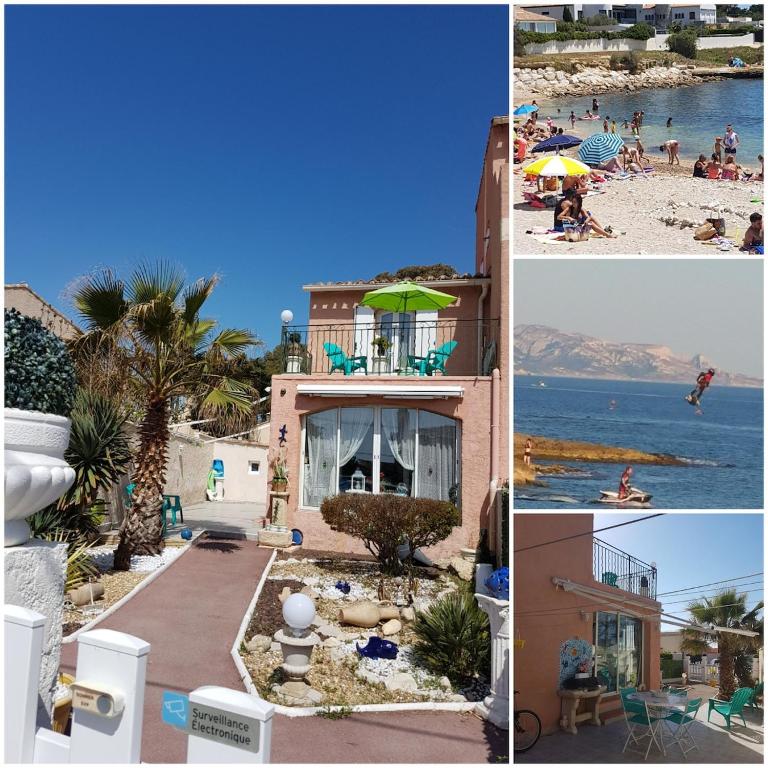un collage de photos d'une plage et d'une maison dans l'établissement L'Espésun, à Sausset-les-Pins