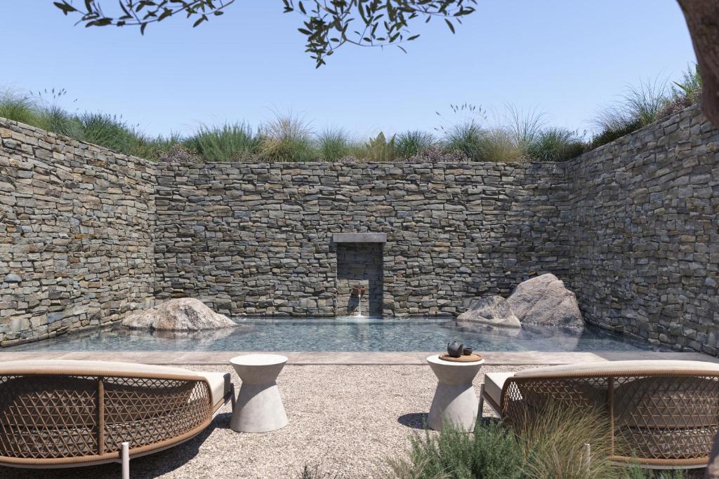 a swimming pool with two chairs and a stone wall at Parilio, a Member of Design Hotels in Naousa
