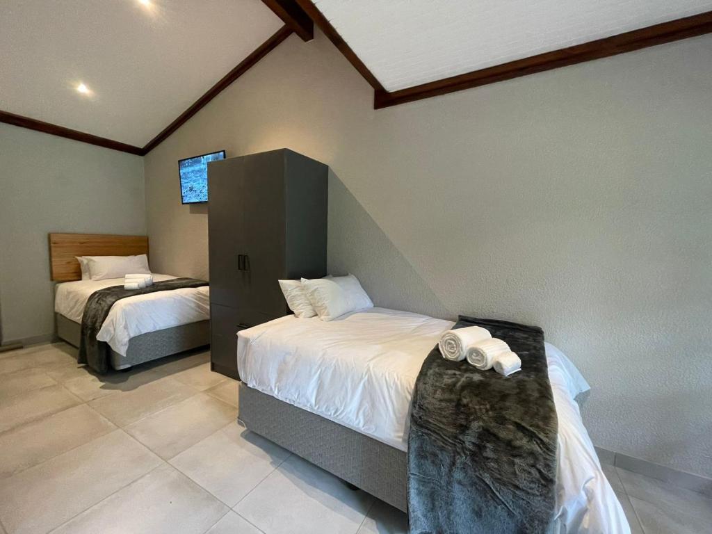 a bedroom with two beds and a tv on the wall at Riecor Guest Farm in Thabazimbi