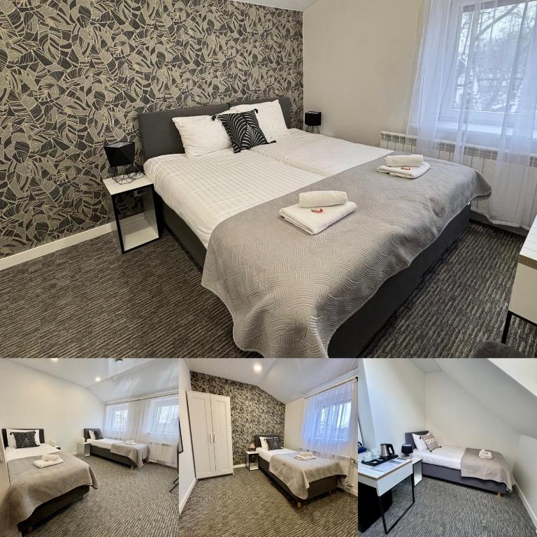 two pictures of a bedroom with a bed at Grey apartments "Easy Kaunas" in Kaunas