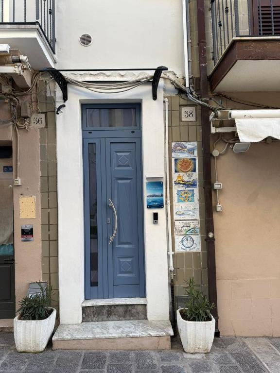 a blue door on a building with two plants at Residenza Antonio Casolino in Termoli