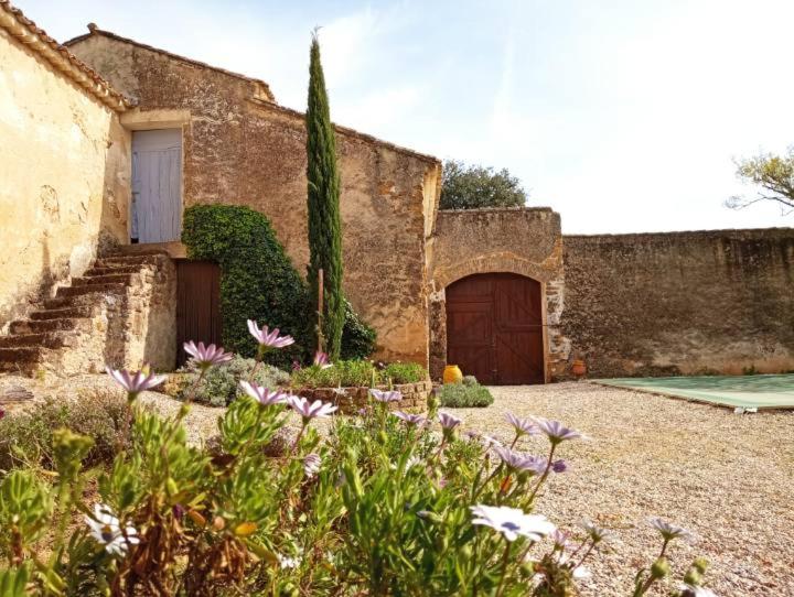 - un bâtiment en pierre avec une porte et quelques fleurs dans l'établissement Le Rocan Roux, à Aubignan