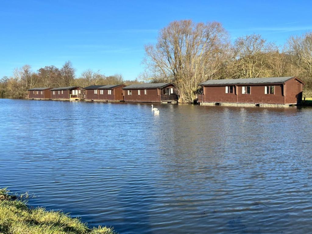 a row of houses on the side of a body of water at Filby Broads Lodge Houseboat in Norwich