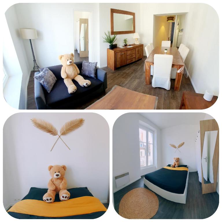 trois photos d'un salon avec un ours en peluche sur un canapé dans l'établissement Lumineux & Convivial, à Bourges