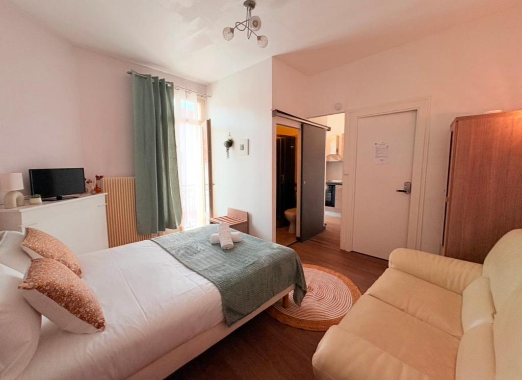 ein Schlafzimmer mit einem weißen Bett und einer Couch in der Unterkunft "petillat"-Superbe studio meublé 3 étoiles in Vichy