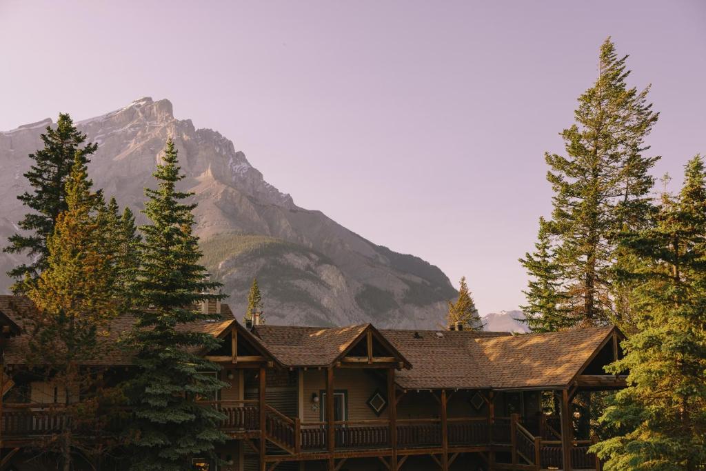 a log cabin with a mountain in the background at Buffalo Mountain Lodge in Banff