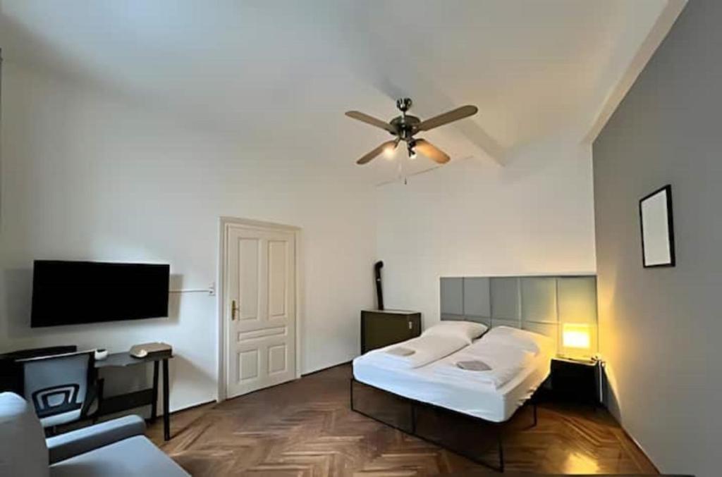 a bedroom with a bed and a ceiling fan at Discover Danube and Prater Stern from Our 1BR Gem in Vienna