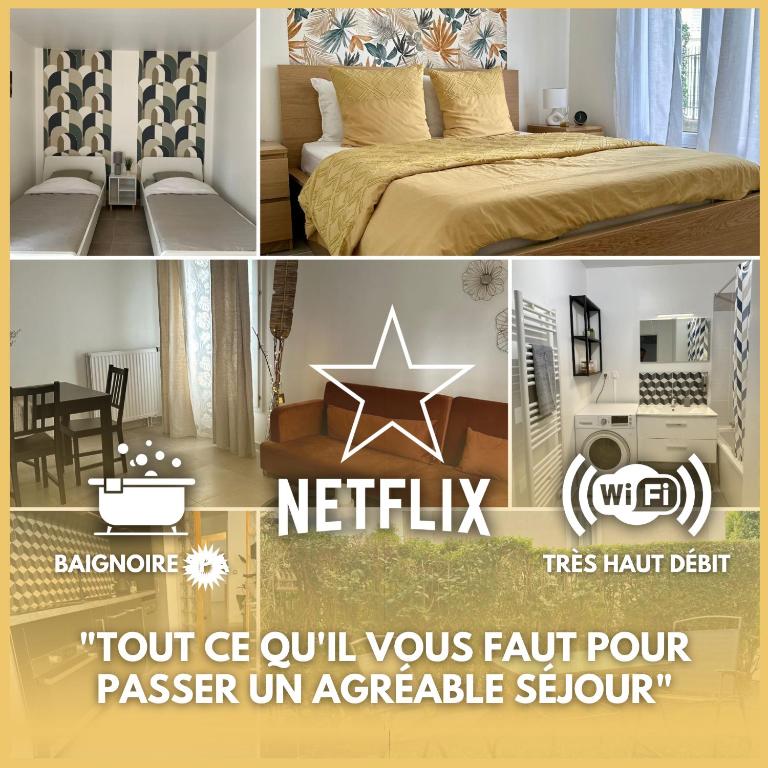 un collage de photos d'une chambre d'hôtel avec un lit dans l'établissement 6Personne,10mn de disney,30mn de paris,parking, à Bussy-Saint-Georges