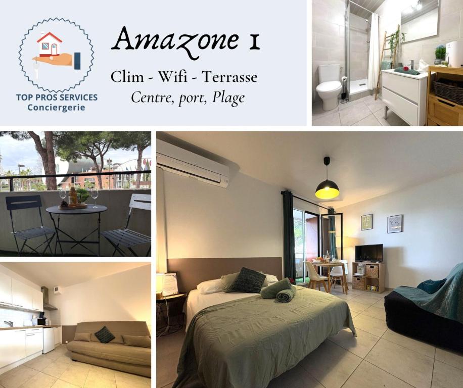 un collage de photos d'une chambre et d'un salon dans l'établissement L'AMAZONE studio plein centre PLAGES à 2min CLIM WIFI sur le port - Top ProsConciergerie-, à La Grande Motte