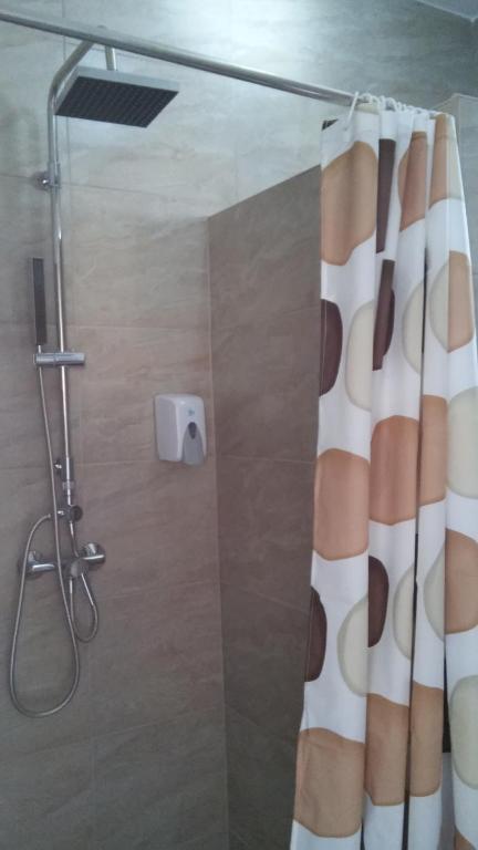 a shower with a shower curtain in a bathroom at Mimi Apartment in Nyíregyháza