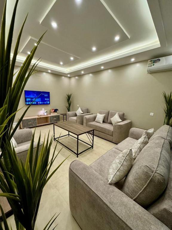 a living room with two couches and a tv at Rest house in Abha