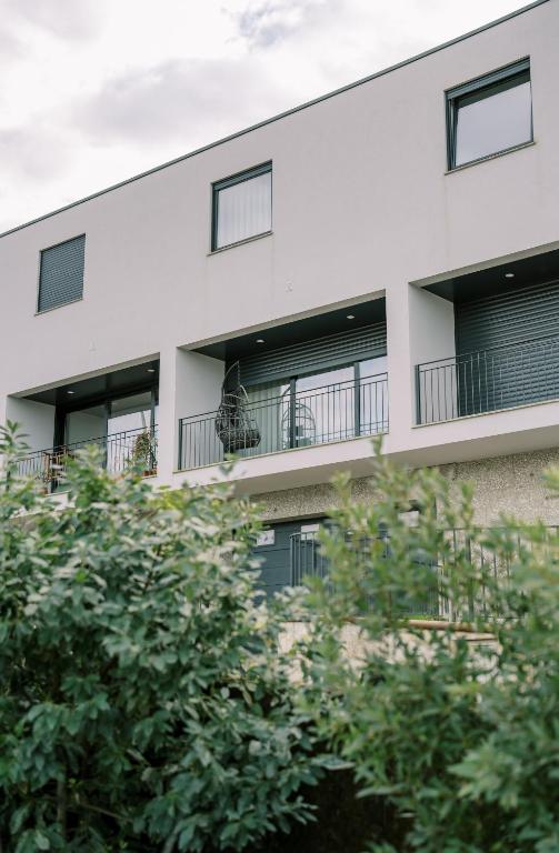 an apartment building with windows and trees at Boutique Home Barca in Ponte da Barca