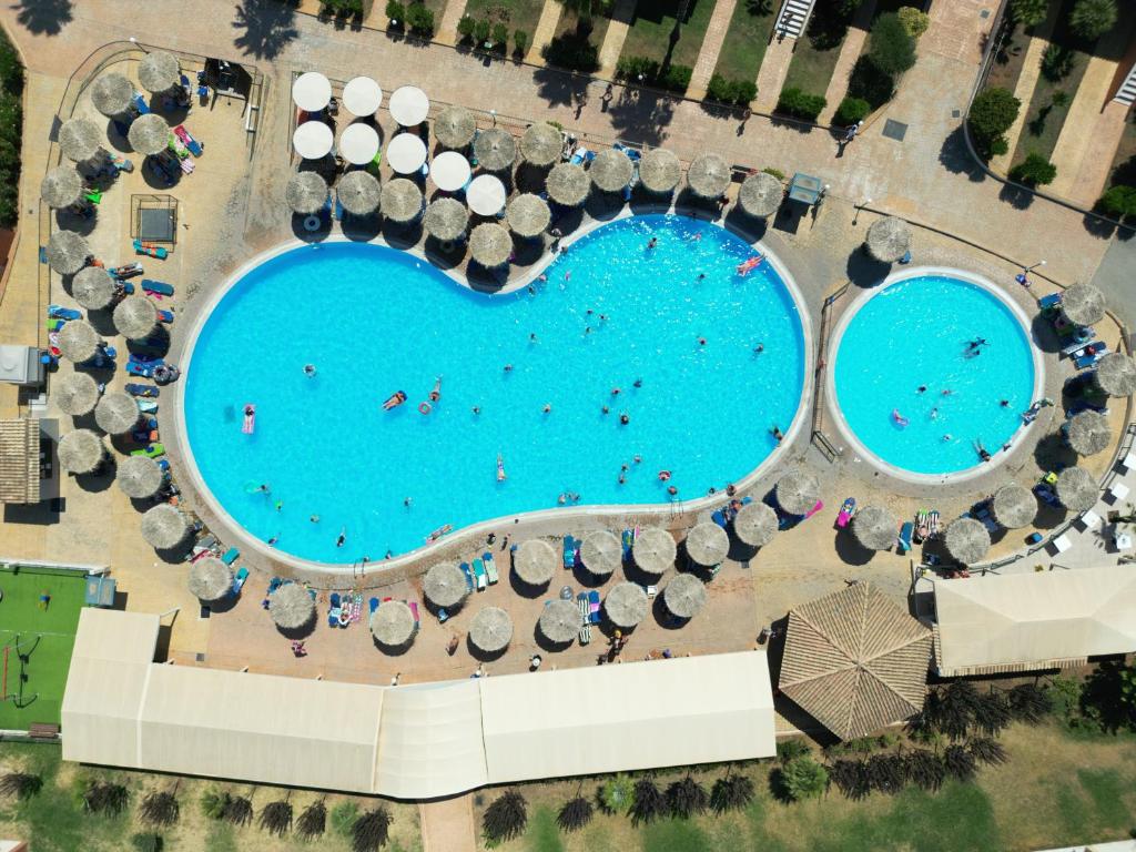 una vista sul tetto di una piscina con ombrelloni di Aqualand Resort ad Ágios Ioánnis