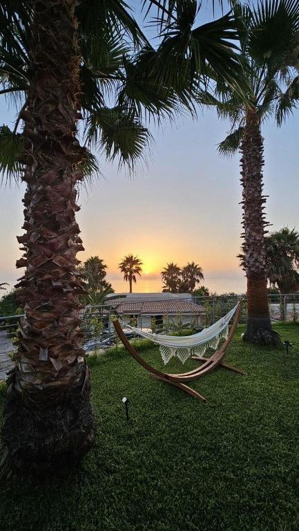 a hammock sitting between two palm trees in a park at Villa Jolanda - Costa degli Dei in Zambrone