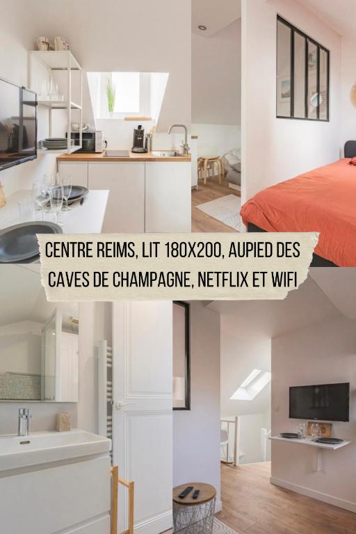 un collage de photos d'une chambre et d'un salon dans l'établissement CELIAN,centre Reims pour 4 pers, à Reims