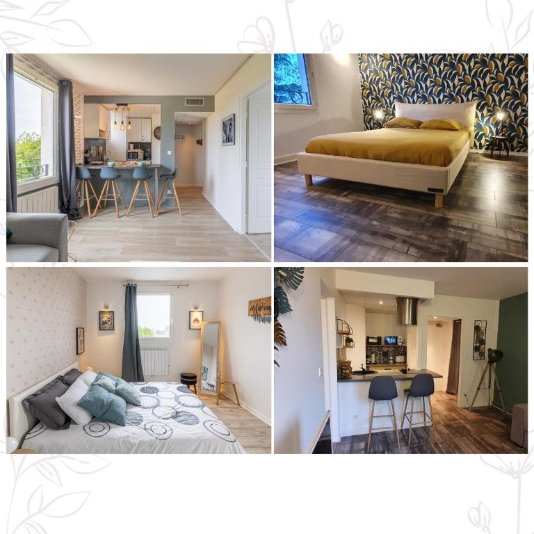 trois photos différentes d'une chambre et d'un salon dans l'établissement Appart Indépendant 8 pers & bébé - Idéal Familles ou Amies, Parking & Wifi Offerts, à Magny-le-Hongre