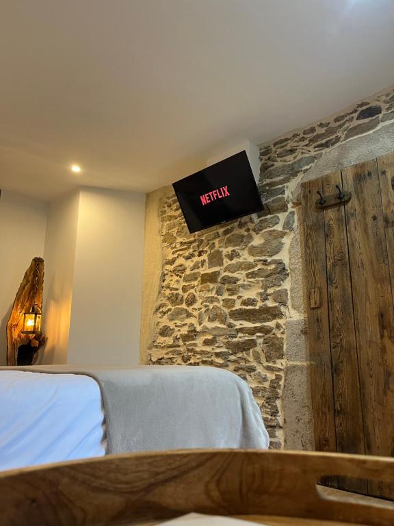 sypialnia z łóżkiem i telewizorem na kamiennej ścianie w obiekcie La Voûte du Pilat & options SPA, massage w mieście Saint-Chamond