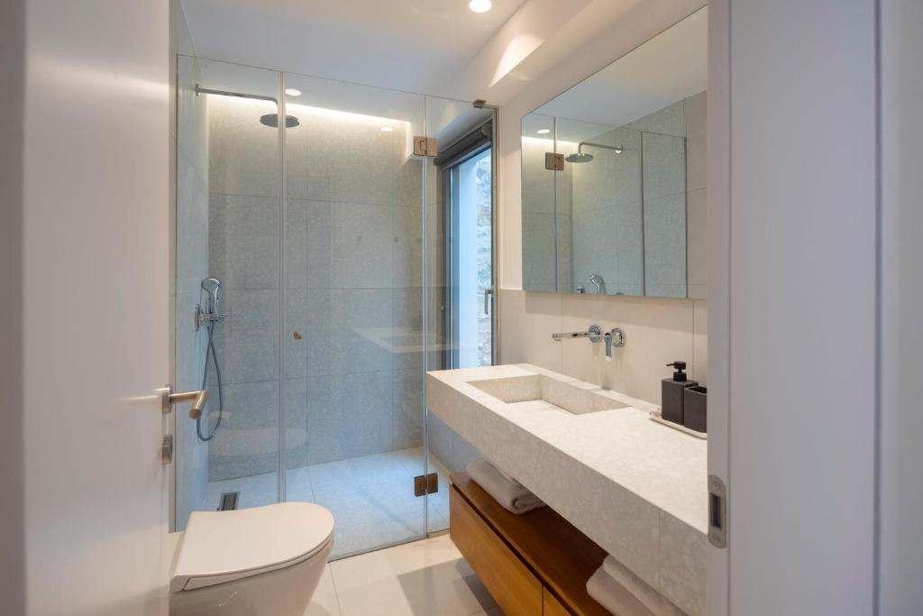 a bathroom with a toilet and a sink and a shower at Kechria Bay Villas in Skiathos