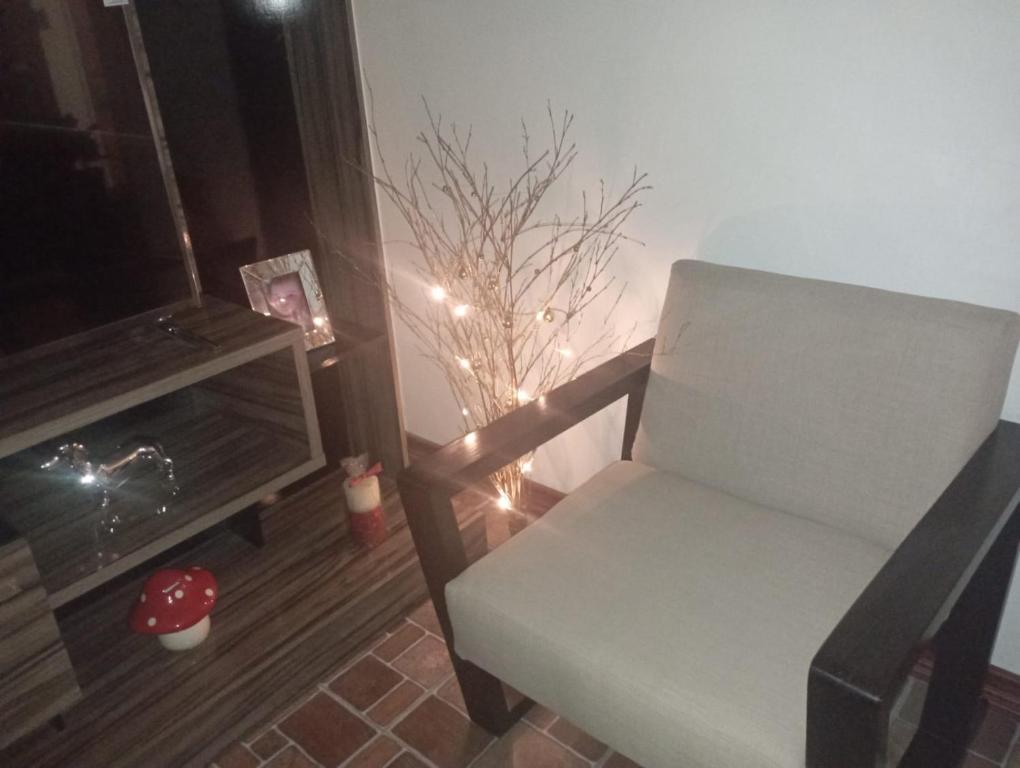 Una sala de estar con una silla y una chimenea. en Casa castro chiloe, en Castro