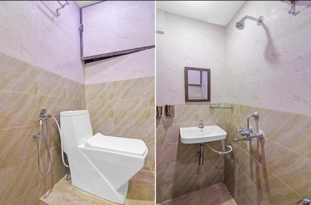 two pictures of a bathroom with a toilet and a sink at v guest inn in Hyderabad