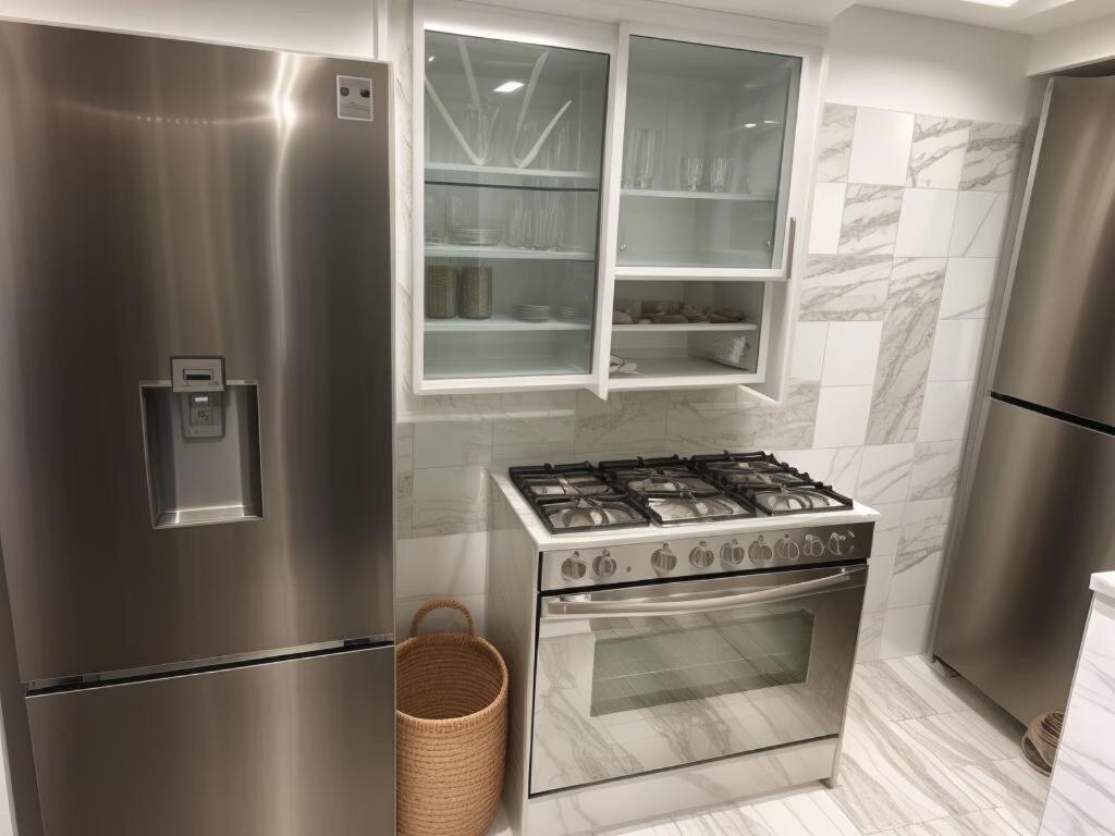 Una cocina con refrigerador de acero inoxidable y estufa. en Maison Nouvelle Route Carrossel, en Yaoundé